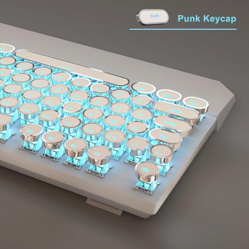 Image of MageGee MK-Storm Typewriter Mechanical Gaming Keyboard and Mouse Combo, Retro Punk Round Keycap Blue LED Backlit USB Wired Computer Keyboard for Game Red Switches(White)