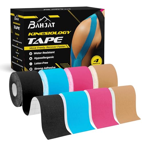 Bahjat Kinesiology Tape (4 Rolls, 5cm x 5m) | Water Proof Sports Tape for Injuries | Self-Adhesive Elastic Pain Relief Body Tape | Physio Tape for Muscles Knee Ankle Shoulder Support Tape (4)