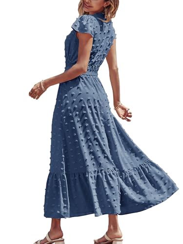 Image of CzzzyL Women Nursing Boho Maxi Dresses Cap Short Sleeve V Neck Swiss Dot High Waisted A-Line Ruffle Tiered with Pockets