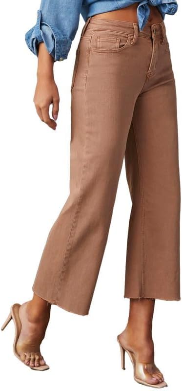 Allimy Womens High Waisted Capri Pants Wide Leg Pants Woman Cropped Jeans Baggy Barrel Jeans for Women Trendy Rust Size 12 - Image 3