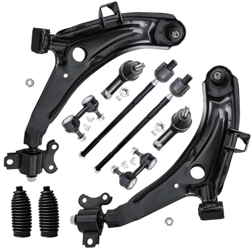 Image of Detroit Axle - 10pc Front End Suspension Kit for 1996-2000 Hyundai Elantra, 1997-2001 Tiburon, 2 Lower Control Arms w /Ball Joints 4 Inner Outer Tie Rods 2 Sway Bars 2 Boots 1998 1999 Replacement