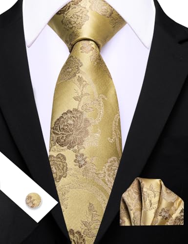 Image of Barry.Wang Flower Ties for Men Silk Woven Floral Tie Sets Necktie Handkerchief Cufflinks Wedding Party