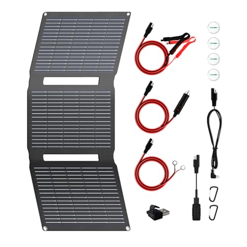 FlexSolar 28W 12V Portable Solar Panel Battery Charger Maintainer Kits Trickle Charger with Built-in Charge Controller Cig Plug Alligator Clips O-Rings OBDII Connector for Car Truck Tractor Boat