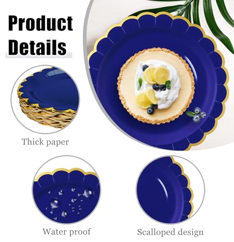 Image of HEIPINIUYE 50 Pieces Blue Paper Plates with Gold Foil 7 Inch Disposable Blue and Gold Scalloped Dinner Plates for Wedding Baby Shower Birthday Party Dessert Plate