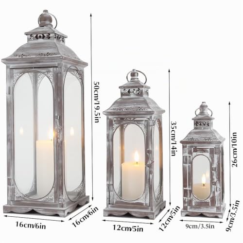 Miniatura 4 de Trirocks Set De 3 Faroles Vintage 26 35 50 Cm Altos, Soportes Decorativos De Vela Con Vidrio Templado Para Sala, Jardín, Patio Y Eventos Gris Cemento