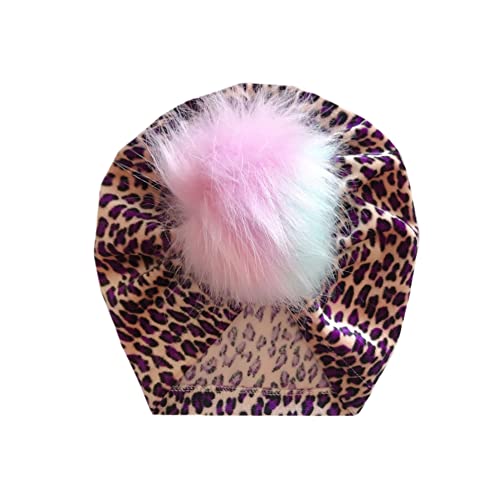Nishine Baby Leopard Fur Hairball Turban Beanies Hat Newborn Fluffy Pompom Hat Kids Pom Skull Cap - Pack Of 5 #TOP5