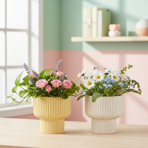 Image of Xtore Chic Ribbed Ceramic Planter Set for Indoor Plants | Modern Decorative Flower Pots for Living Room, Office Desk, Shelf & Tabletop Greenery (Set of 2, Planters only)