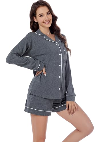 Image of LUBOT 100% Cotton Pajamas for Women 2PC PJ Set Womens Soft Long Sleeve Button-Down Shirt Two Piece Set Sleepwear Loungewear Night Suit (Dark Gray, 2XL)