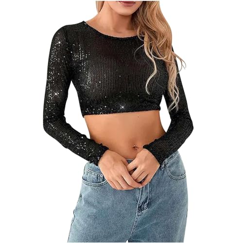 L-010 Black Ladies Going Out Tshirts Long Sleeve Tee Tops for Women Boat Neck Slim Tunic Baby Tees Sequin Sparkly Sexy Glitter Basic Summer Fall Tee Shirt 2025 Clothes ZC S