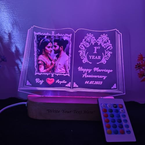 Image of Personalized 3D Illusion LED Table Lamp Book Shape Customized Photo Lamp for Couple Gift Anniversary, Wedding, Marriage, Valentine Day- Your Wooden Base Text Egraved, Multicolor Light