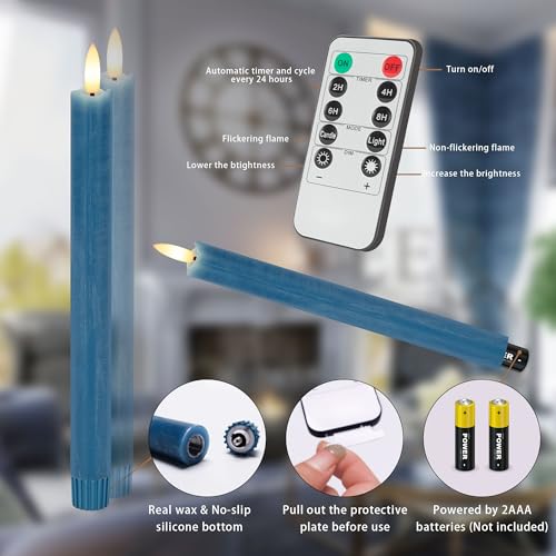Image of Blue Flameless Taper Candles with Rmote, 9.6 inch Real Wax Battery Operated Candles with 3D Wick, 3 Pack Led Candlesticks Flickering, Electric Candlesticks for Home, Wedding, Party Decor