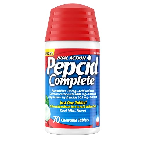 Pepcid Complete Acid Reducer + Antacid Chewable Tablets 10mg Famotidine 800mg Calcium Carbonate & 165mg Magnesium Hydroxide per Heartburn Medicine Tablet Antacid Chews Mint Flavored 70 ct