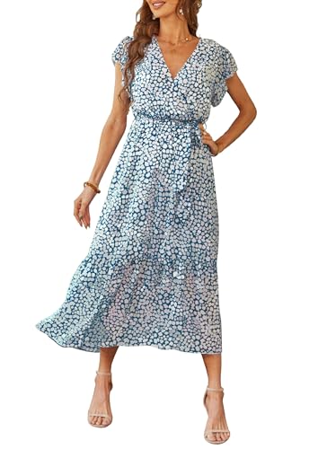PRETTYGARDEN Women's Summer Floral Boho Maxi Dress Wrap Short Sleeve V Neck Ruffle A-Line Flowy Wedding Guest Long Dresses