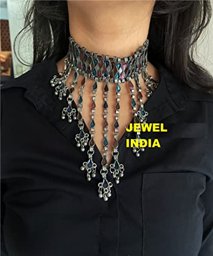 Indian Antique Silver Oxidized Fashion Bollywood Ethnic Mirror Boho Gypsy Banjara Tribal Statement Choker Thread Necklace Jewelry2