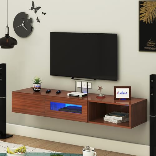 Image of Anikaa Strix Wall Mount Modern Floating TV Unit for Living Room with 3 Storage Cabinet & Blue LED Light (Ideal for 32 to 55 inch TV, DIY Installation, Walnut Finish)