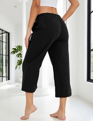 Capri Pants for Women Wide Leg Drawstring Waist Causal Loose Fit Summer Soft Buttons Trousers with Pockets Black3