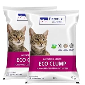 PetCrux Eco Clump Cat Litter | Natural Bentonite Clay | Pet Friendly Lavender Essential Oils | Superior Odour Control | 99.9% Dust Free Scoopable (for Multiple Cats), 10kg Total – 2 Packs of 5kg