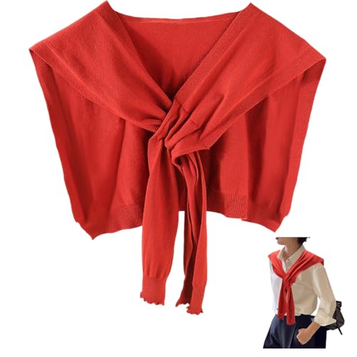 Red Knitted Sweater Shawl 2025 Lightweight Thin Casual Commute Travel Scarf Cape Wraps Detachable Collar Soft Touch Tie Up Knotted Shawls for Women Spring Fall Trendy Outfits Streetwear