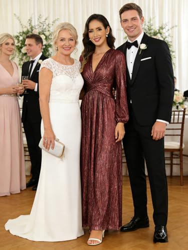 Image of Women's Formal Wedding Guest V Neck Glitter Sequins Mother of The Bride Dresses Long Sleeve