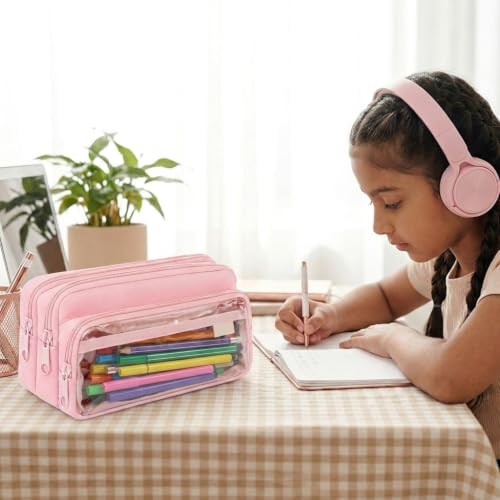 Image of ZIBUYU Large Capacity Pencil Case, 4 Compartments, Pen Pouch, Pink