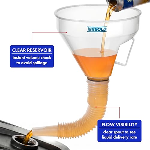 Image of Automotive Flex Funnel with Hose | Wide Mouth Flexible Oil Funnel for Automotive Use - Gas, Transmission Fluid, Car Fuel, Oil Change (Clear)