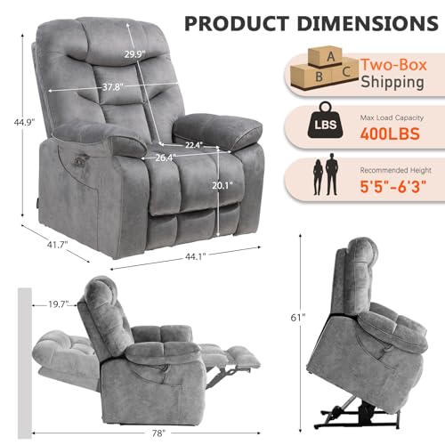 EONIX Oversized Wide Big Man Power Lift Recliner Chair for Elderly with Heat and Massage, 400lbs Dual Motor Lay Flat Electirc Lift Chair with Extended Footrest, SLRY008063, Grey - Image 4