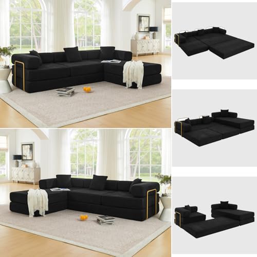 HANXIN 108' Modular Sectional Sofa,Futon Convertible Sofa Bed,Oversized Corduroy Boneless Couch for Living Room,Floor Loveseat Sleeper with Pull Out Bed,Free Combination,No Assembly Required (Black)