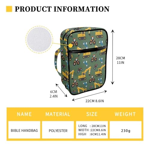 Cartoon Excavator Bible Cover for Boys Kids Large Carrying Book Case Church Bag Bible Protective with Handle and Zippered Pocket3