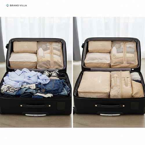 Image of BRAND VILLA 7 Pcs Travel Organizer Set Packing Cubes Luggage Organizer Bags with Shoe Bag, Laundry Pouch & Toiletry Bag for Clothes, Shoes, Accessories, Lightweight Travel Storage for Suitcase (Beige)