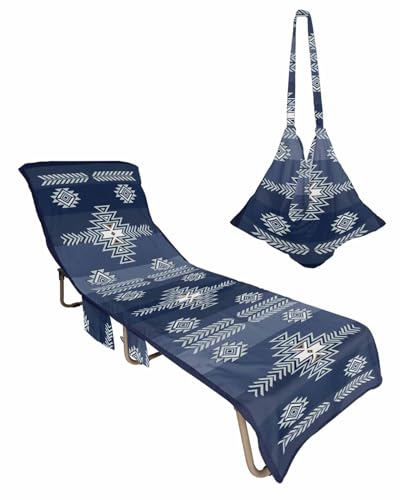 Beach Pool Patio Lounge Chaise Chair Cover Towel with Pockets,Blue Aztec Absorbent & Quick Dry Microfiber Towel Cover Bag Travel Accessories Abstract Geometric Tribal Ethnic Native Vintage American