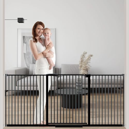 Image of DEARBB Extra Wide Baby Gate Ultra Narrow Spacing 30.11-77.36" Pressure Mounted Double Lock Swing Auto Close Walk Through Metal Safety Pet Gate for Stairs and House Doorway Kitchen
