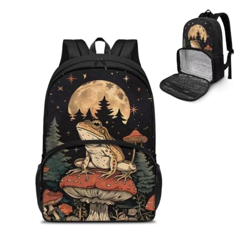 Lunch Backpack for Women Men,Frog Mushroom 16.9 inch Laptop Backpack, Large Computer Backpack with Lunch Compartment, Insulated Backpack Lunch Bag for Work Travel