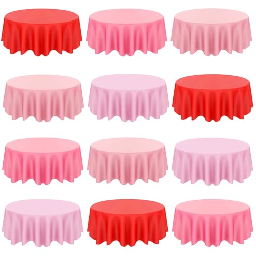 Image of CIEOVO 12 Pcs Valentine's Day Plastic Tablecloths, Disposable Round Red Pink Table Cover 84 Inch Waterproof Table Covers for Valentine's Day Family Wedding Birthday Bridal Shower Party Decorations