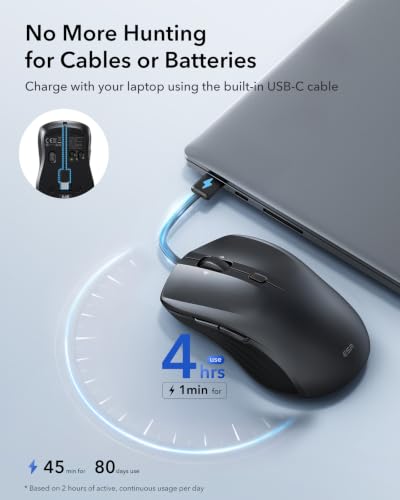Image of ESR MagMouse Snap-to-Carry Bluetooth Mouse, Rechargeable Wireless Mouse for Laptop with Built-in Charging Cable, Reusable Adhesive Holder, BT 5.0 + 2.4 GHz Connectivity, Silent, Ergonomic, Black