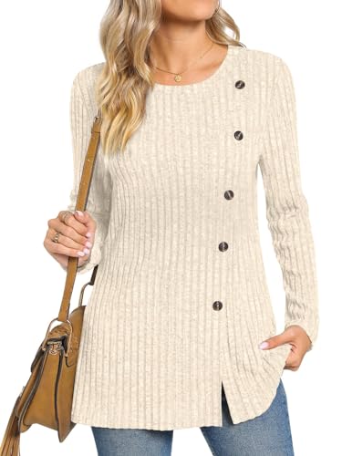 TAOHUADAO Women's Long Sleeve Jumpers Crewneck Tunic Tops with Button Sides Loose Casual Fall Sweater Shirts for Leggings