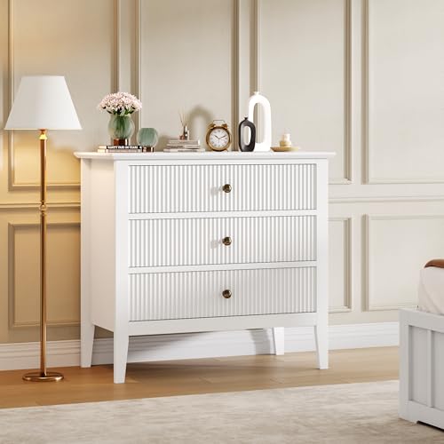 Fluted 3 Drawers Dresser, Wide Wood Chest of Drawers, Modern Storage Dresser Chest of Drawers Organizer with Metal Legs and Anti-Tipping Device for Bedroom Living Room, White