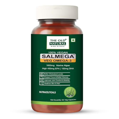 Image of Salmega Veg Omega 3 Algal Oil Capsules - 1600mg Marine Algae Omega (450mg EPA & 150mg DHA) | Plant Based Omega 3 Supplement | Vegetarian DHA for Heart, Brain, Joint & Immunity Support | 60 Veg Capsules