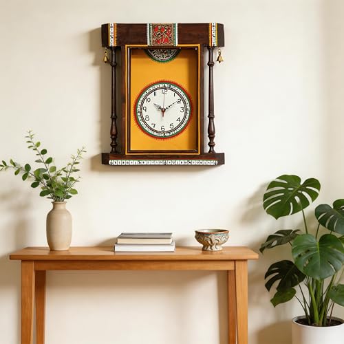 Image of AAKRITI ART CREATIONS Wall Clock Handcrafted Warli Art Yellow Dial with Glass Frame Brown, Yellow | Wall Clock for Home, Home Decoration | Wooden wall Decor | Matte Finish