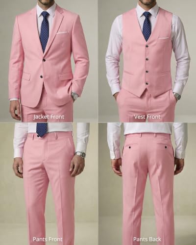 Image of YND Men's 3 Piece Suit with Tie, Solid Color Slim Fit Jacket Vest and Pants