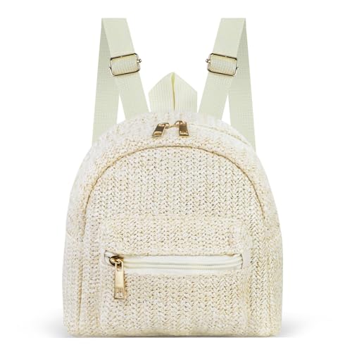 AfitLulu Mini mochila para mulheres e meninas, mochila de viagem pequena de palha com 2 bolsos com zíper, bolsa pequena para mulheres, Bege, 19x18x11cm, Moderno