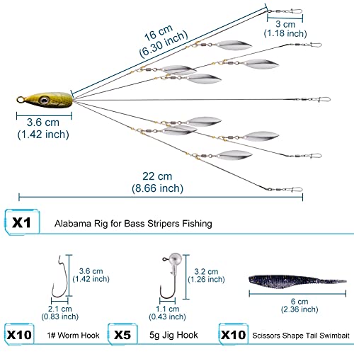 XhuangTech Alabama Rig Umbrella Rigs for Trolling,A Rig Bass Lures Bait Kit with Split Tail Swimbaits Lures,5 Arms Alabama Rig Fishing Lure - Image 2
