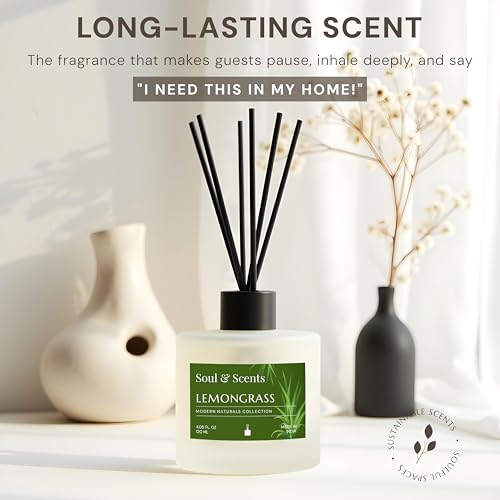 Soul & Scents 120Ml Lemongrass Reed Diffuser Set | Free 6 Fiber Reed Sticks | Stress Relief & Aromatherapy | Long-Lasting, Smoke-Free Air Freshener for Home, Bedroom & Office | Ideal for Gifting