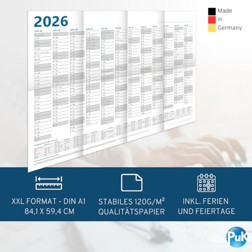 PuK Krämmer GmbH XXL Wandkalender 2026 A1 GEFALZT | 12 Monate mit Ferien und Feiertage | gefaltet auf A4 | 84,1 x 59,4 cm DIN A1 quer Jahresplaner | Kalender 2026 groß, Jahreskalender, Wandplaner