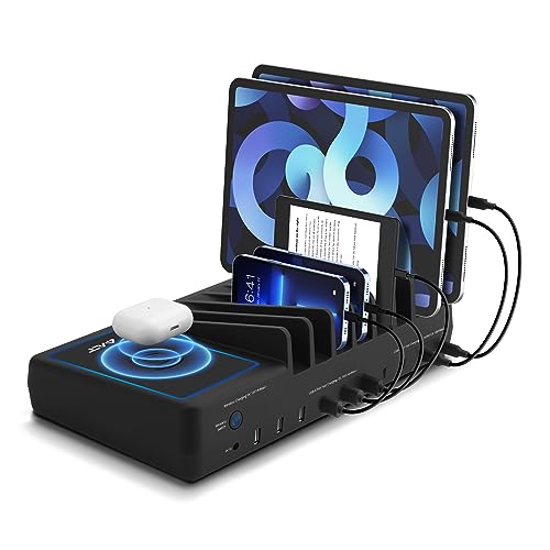 AVLT 150W 10 Port USB-A USB-C with Qi Wireless Charging Station for Multiple Devices Compatible with iPhone iPad AirPods Smartphone Tablet Organizer Includes 4 USB-C to USB-C Charging Cables - Black