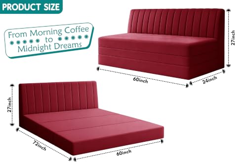 Image of Los Angeles Modern Velvet 3-Seater Sofa Cum Bed, Multipurpose Convertible Sleeper Couch Sofa for Living Room, Bedroom & Office- Red Color