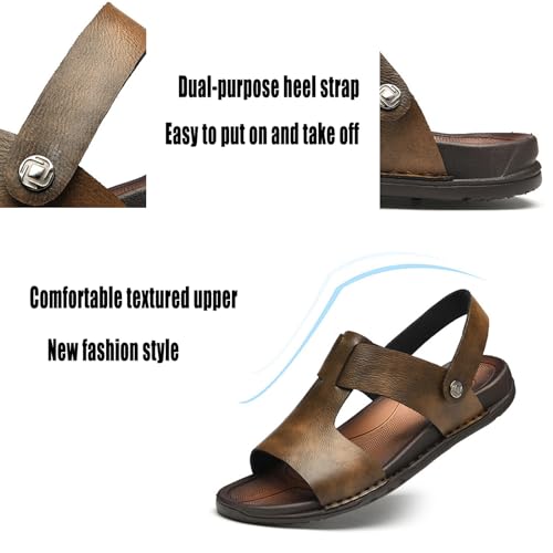 Men's Leather Hollow-Out Slip-on Flat Sandals,Classic Retro Round Open Toe Outdoor Casual Beach Walking Sandals4