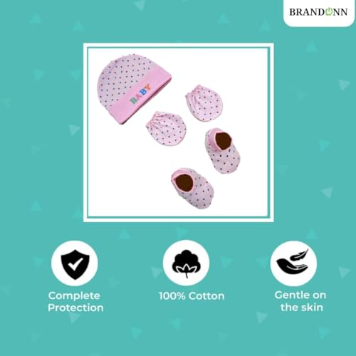 Image of BRANDONN Newborn Baby's Cotton Cap Mitten Bootie Set 0-6 Months, Pack of 2 (0-6 Months)