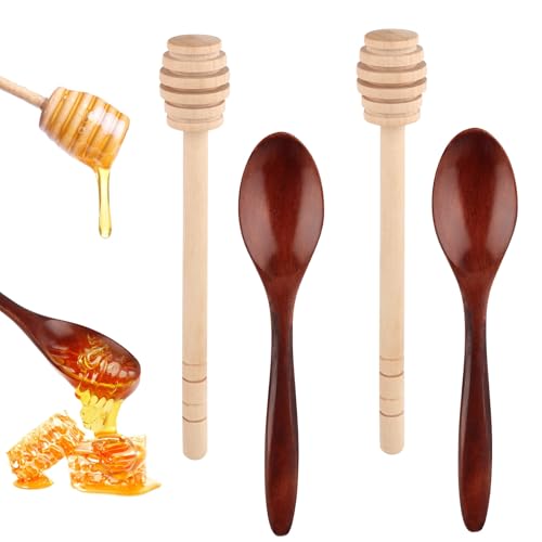 TDUNSYA 4 Stück Honigrührer Honiglöffel,Honigheber Honigrührer,Honiglöffel aus Holz,Für Heiße Schokolade,Honig, Kaffee,Tee,Küchenzubehör