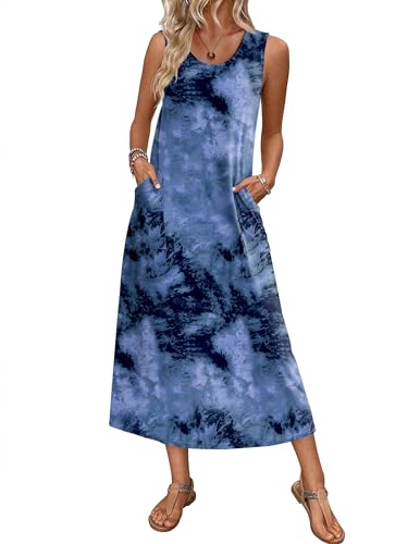 Ekouaer Nightgowns for Women Sleeveless Sleepshirt Long Print House Dress Tank Nightshirt Maxi Casual Dress with Pockets