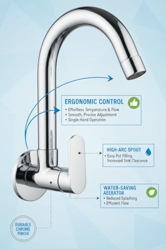 Image of Premium Wall Mounted Kitchen Sink Tap with Water Saving Aerator, Brass Body, Chrome Finish Swan Neck Faucet, Single Lever Water Tap, Rust & Corrosion Resistant for Kitchen Sink, Wash Basin